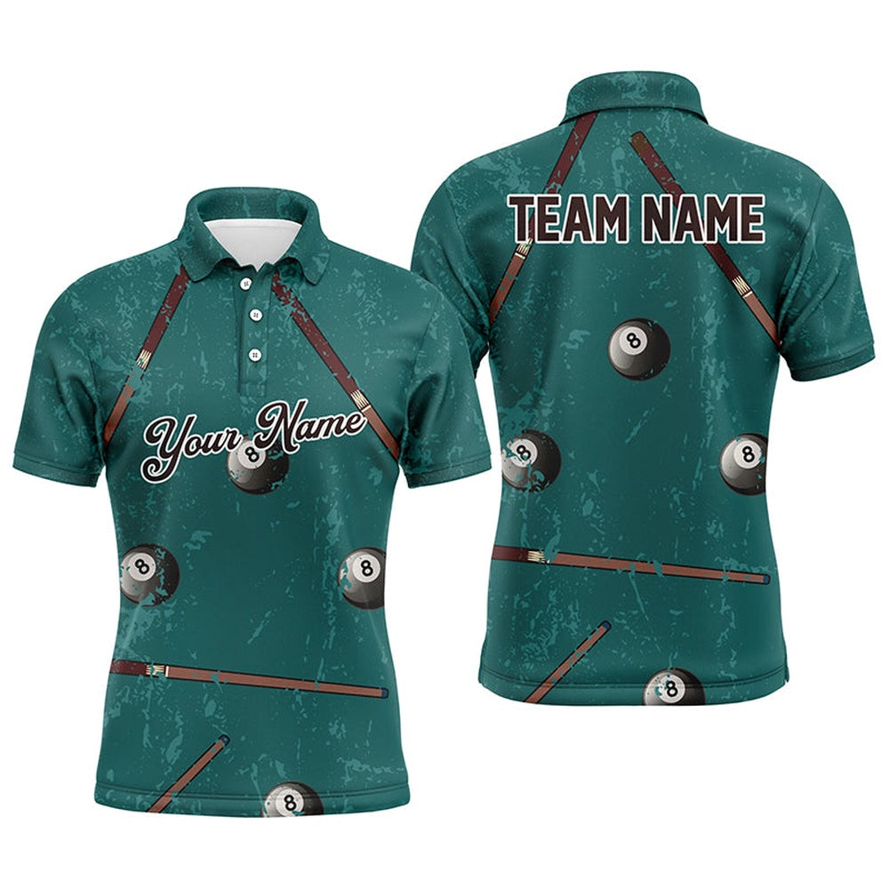 Billiard Polo Shirts, Custom Grunge Green Billiard Full Printing Polo Shirts Custom Name Vintage Billiard Shirts, Billiards Team Shirts