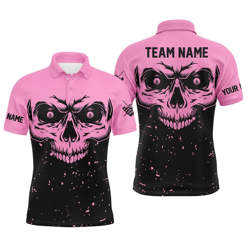 Billiard Polo Shirts, Custom Grunge Pink Black Skull Billiard Jerseys Shirts, 8 Ball Billiards Apparel Clothing, Billiards Team Shirts
