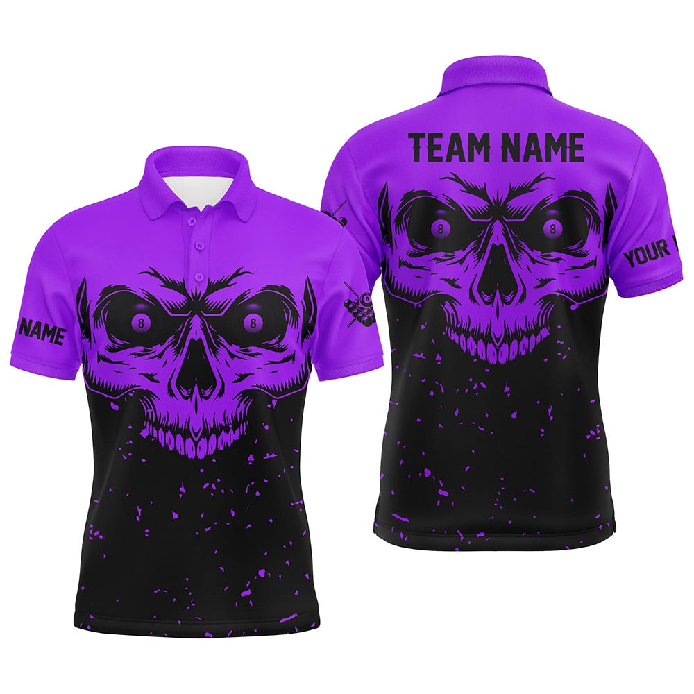 Billiard Polo Shirts, Custom Grunge Purple Black Skull Billiard Jerseys Shirts, 8 Ball Billiards Apparel Clothing, Billiards Team Shirts