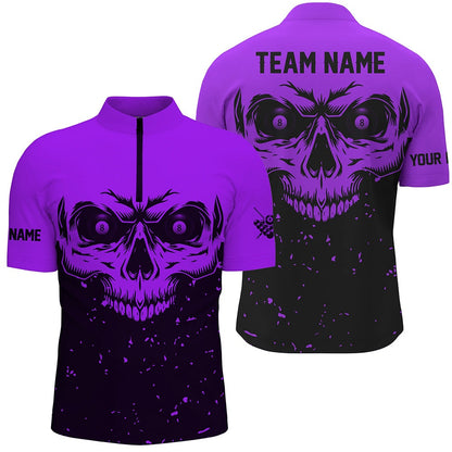 Billiard Polo Shirts, Custom Grunge Purple Black Skull Billiard Jerseys Shirts, 8 Ball Billiards Apparel Clothing, Billiards Team Shirts