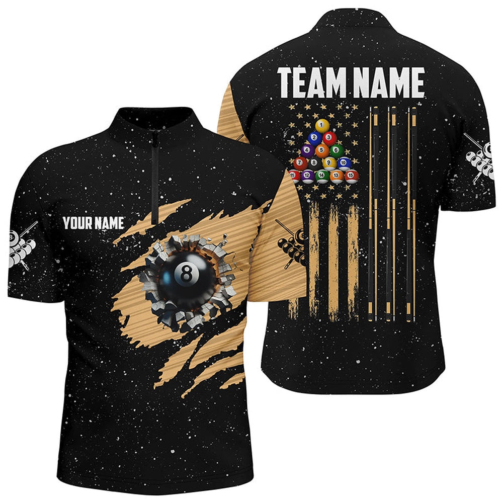 Billiard Polo Shirts, Custom Grunge Us Flag 8 Ball Billiard Polo Shirts, Patriotic Pool Player Shirts, Billiards Team Shirts