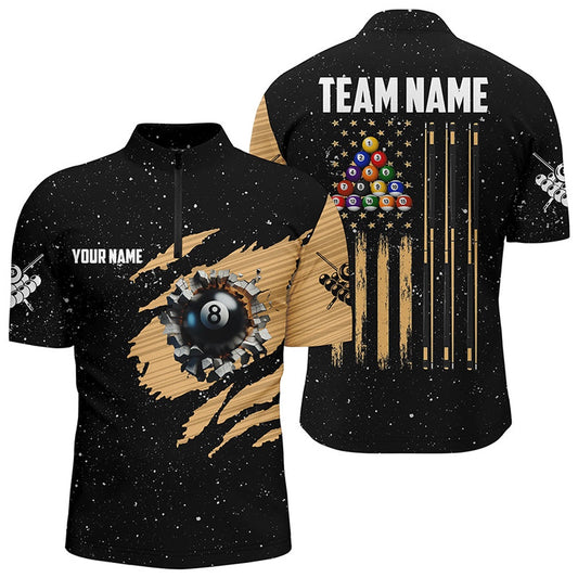 Billiard Polo Shirts, Custom Grunge Us Flag 8 Ball Billiard Polo Shirts, Patriotic Pool Player Shirts, Billiards Team Shirts