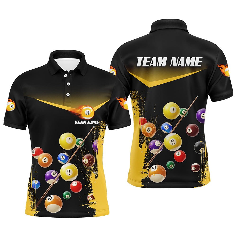 Billiard Polo Shirts, Custom Grunge Yellow 9 Ball Pool Polo Shirts Personalized Name 3D Billiard Shirts For Pooler, Billiards Team Shirts