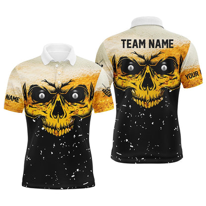 Billiard Polo Shirts, Custom Grunge Yellow Black Skull Billiard Jerseys Shirts, 8 Ball Billiards Apparel Clothing, Billiards Team Shirts