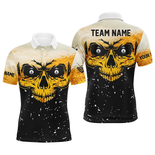Billiard Polo Shirts, Custom Grunge Yellow Black Skull Billiard Jerseys Shirts, 8 Ball Billiards Apparel Clothing, Billiards Team Shirts
