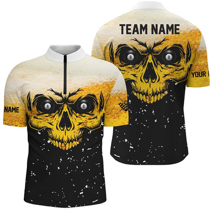 Billiard Polo Shirts, Custom Grunge Yellow Black Skull Billiard Jerseys Shirts, 8 Ball Billiards Apparel Clothing, Billiards Team Shirts
