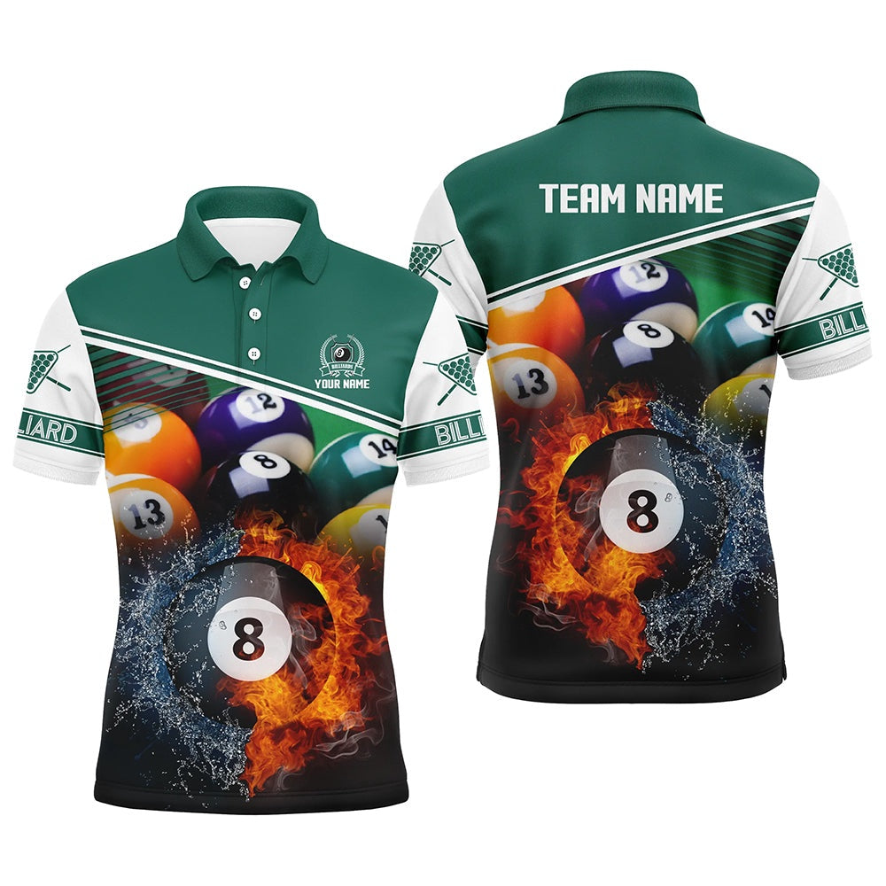 Billiard Polo Shirts, Custom Name Billiard 8 Ball In Fire And Water 3D Polo Shirts, Gifts For Billiard Player, Billiards Team Shirts