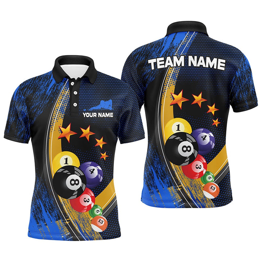 Billiard Polo Shirts, Custom Name Blue Billiard Balls 3D Billiard Polo Shirts Personalized 8 Ball Pool Polo Shirts, Billiards Team Shirts