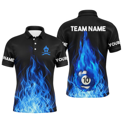 Billiard Polo Shirts, Custom Name Blue Flaming Billiard 3D Polo Shirts Custom Billiard 10 Ball Pool For Team, Billiards Team Shirts