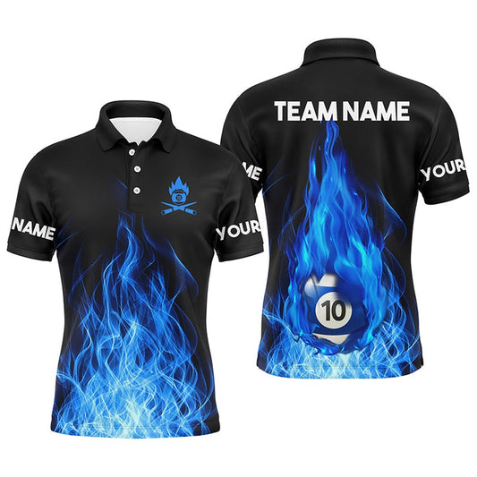 Billiard Polo Shirts, Custom Name Blue Flaming Billiard 3D Polo Shirts Custom Billiard 10 Ball Pool For Team, Billiards Team Shirts