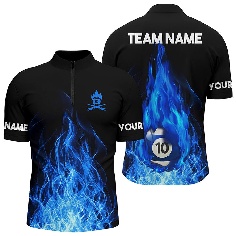 Billiard Polo Shirts, Custom Name Blue Flaming Billiard 3D Polo Shirts Custom Billiard 10 Ball Pool For Team, Billiards Team Shirts
