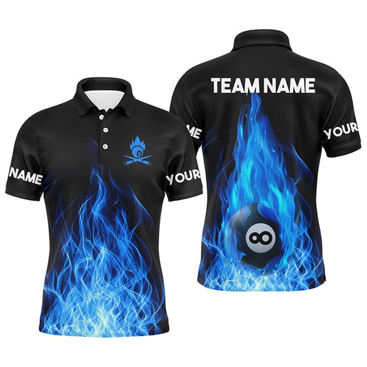 Billiard Polo Shirts, Custom Name Blue Flaming Billiard 3D Polo Shirts Custom Billiard 8 Ball For Team, Billiards Team Shirts