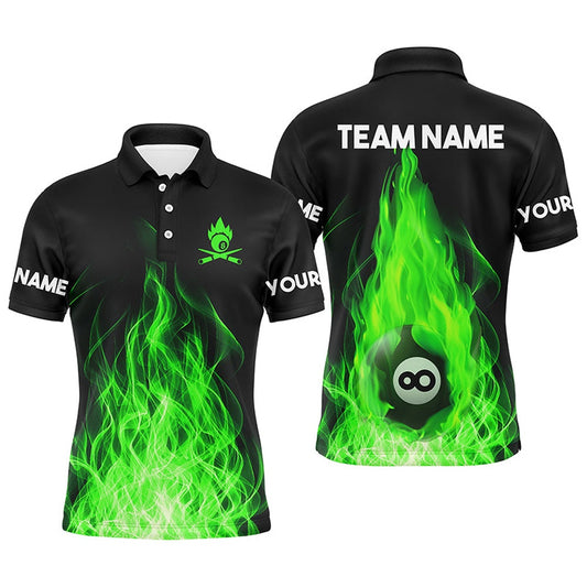 Billiard Polo Shirts, Custom Name Green Flaming Billiard 3D Polo Shirts Custom Billiard 8 Ball For Team, Billiards Team Shirts
