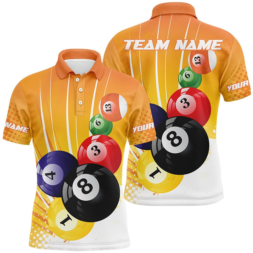 Billiard Polo Shirts, Custom Name Orange Billiard Balls 3D Printed Polo Shirts, Personalized Team For Pooler, Billiards Team Shirts