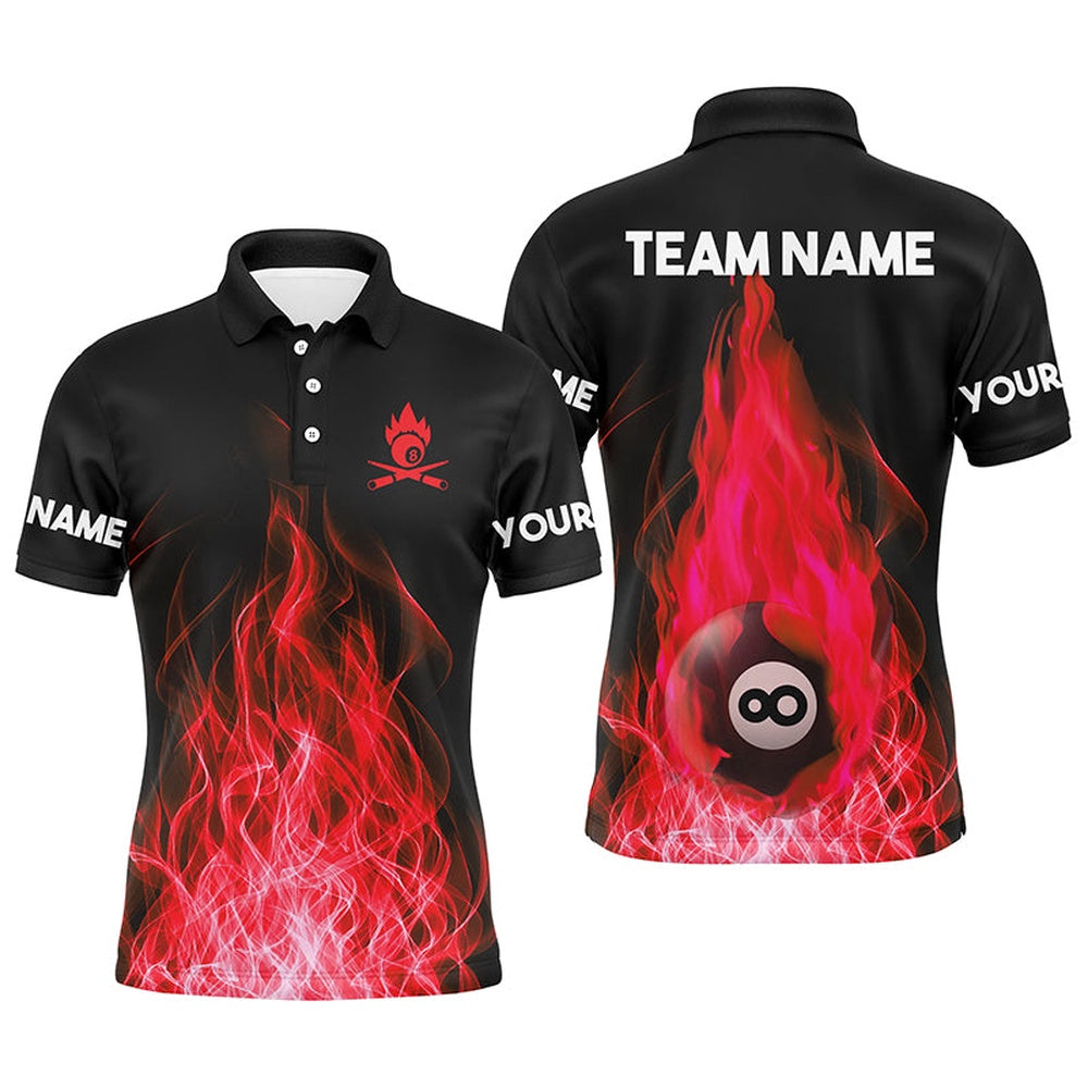 Billiard Polo Shirts, Custom Name Red Flaming Billiard 3D Polo Shirts Custom Billiard 8 Ball For Team, Billiards Team Shirts