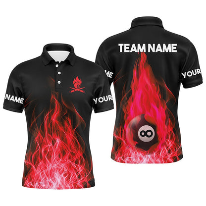 Billiard Polo Shirts, Custom Name Red Flaming Billiard 3D Polo Shirts Custom Billiard 8 Ball For Team, Billiards Team Shirts