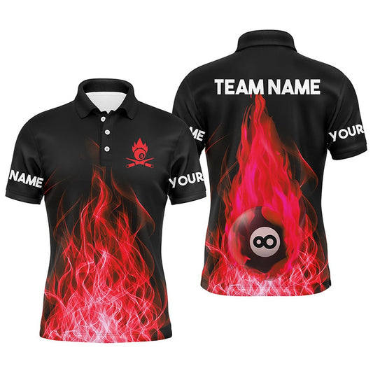 Billiard Polo Shirts, Custom Name Red Flaming Billiard 3D Polo Shirts Custom Billiard 8 Ball For Team, Billiards Team Shirts