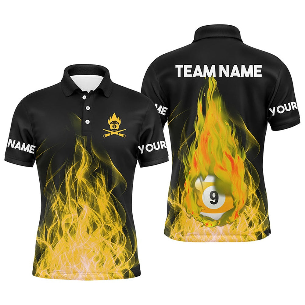 Billiard Polo Shirts, Custom Name Yellow Flaming Billiard 3D Polo Shirts Custom Billiard 9 Ball Pool For Team, Billiards Team Shirts