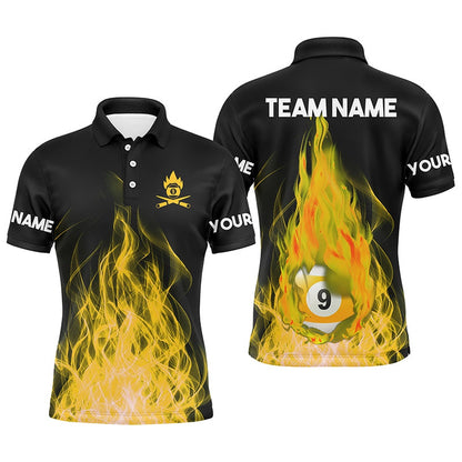 Billiard Polo Shirts, Custom Name Yellow Flaming Billiard 3D Polo Shirts Custom Billiard 9 Ball Pool For Team, Billiards Team Shirts