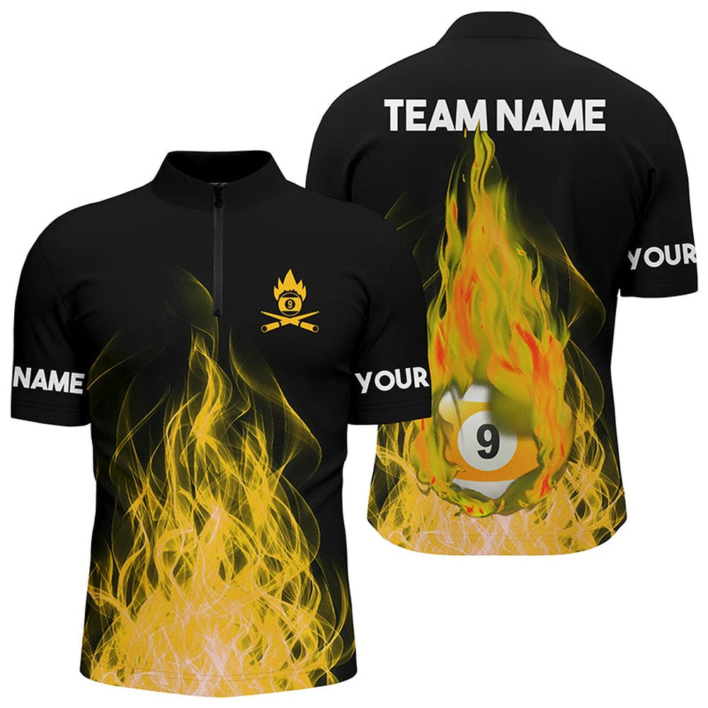 Billiard Polo Shirts, Custom Name Yellow Flaming Billiard 3D Polo Shirts Custom Billiard 9 Ball Pool For Team, Billiards Team Shirts