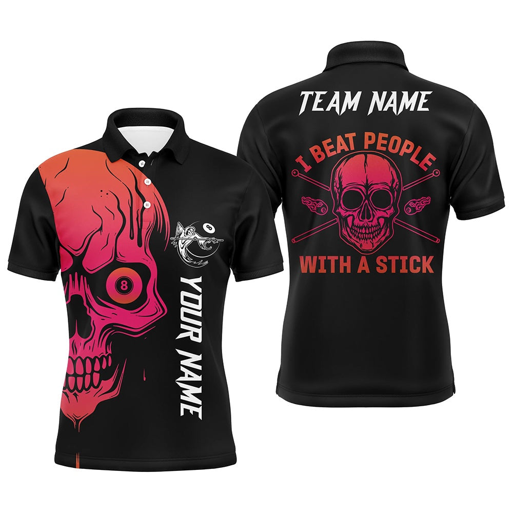 Billiard Polo Shirts, Custom Pink Skull Billiard I Beat People With A Stick Personalized Name Polo Shirts, Billiards Team Shirts