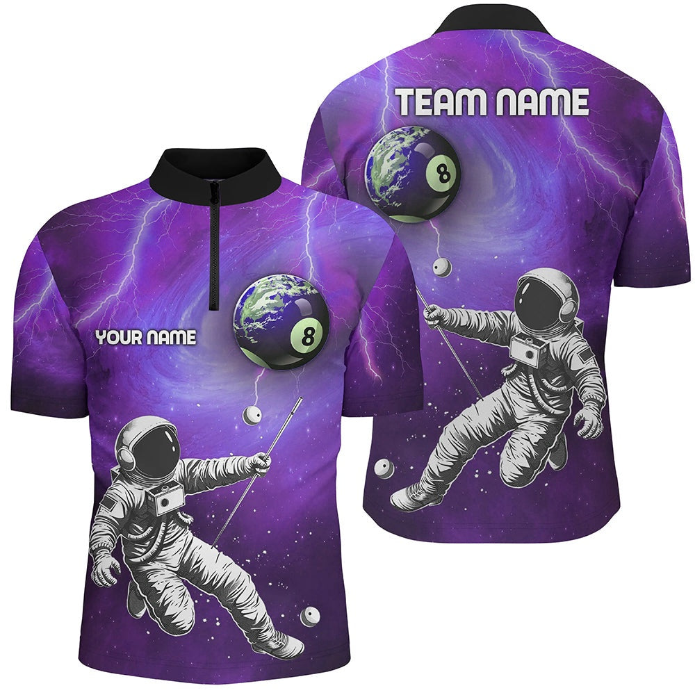 Billiard Polo Shirts, Custom Purple Galaxy Astronaut 8 Ball Pool Billiard Shirts, Funny 3D Printed Billiard Shirts, Billiards Team Shirts
