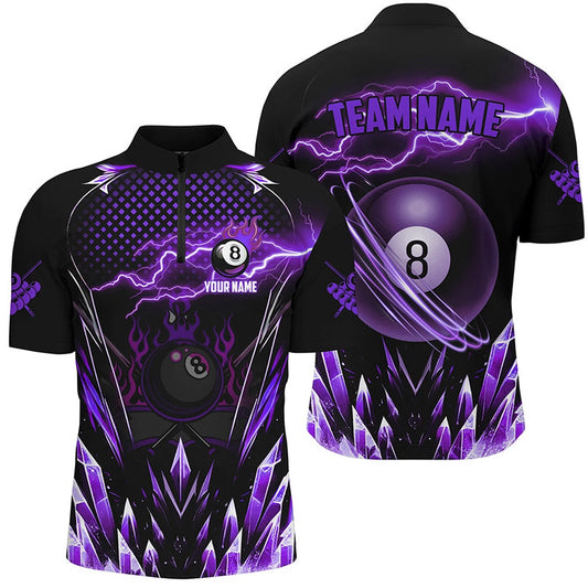 Billiard Polo Shirts, Custom Purple Icy Lightning 8 Ball Pool Polo Shirt, Billiard Team League Jersey, Billiards Team Shirts