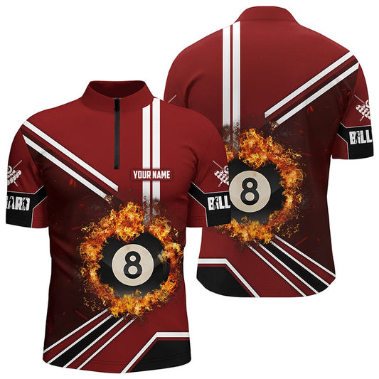 Billiard Polo Shirts, Custom Red Billiard Pool 8 Ball On Fire 3D Polo Shirt, Custom Pool Billiards Jerseys, Billiards Team Shirts