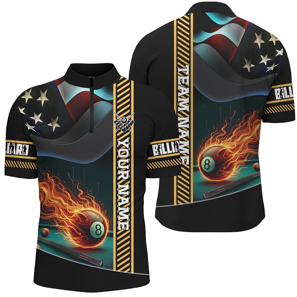 Billiard Polo Shirts, Custom Us Flag Flame 8 Ball Pool Polo Shirts, Patriotic Billiard Attire Jerseys, Billiards Team Shirts