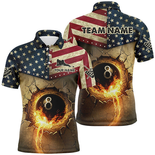 Billiard Polo Shirts, Custom Vintage US Flag 8 Ball Pool Burning Billiard Shirts, Billiard Father's Day Gifts Best, Billiards Team Shirts