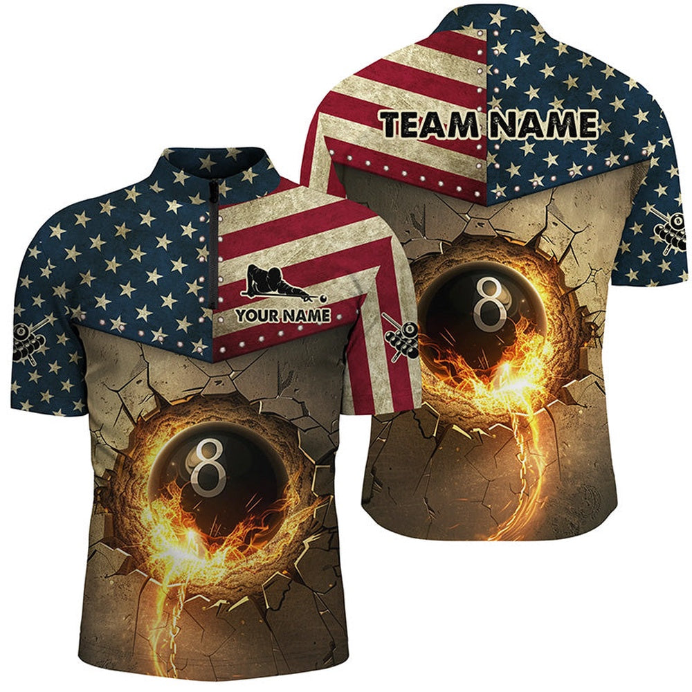 Billiard Polo Shirts, Custom Vintage US Flag 8 Ball Pool Burning Billiard Shirts, Billiard Father's Day Gifts Best, Billiards Team Shirts