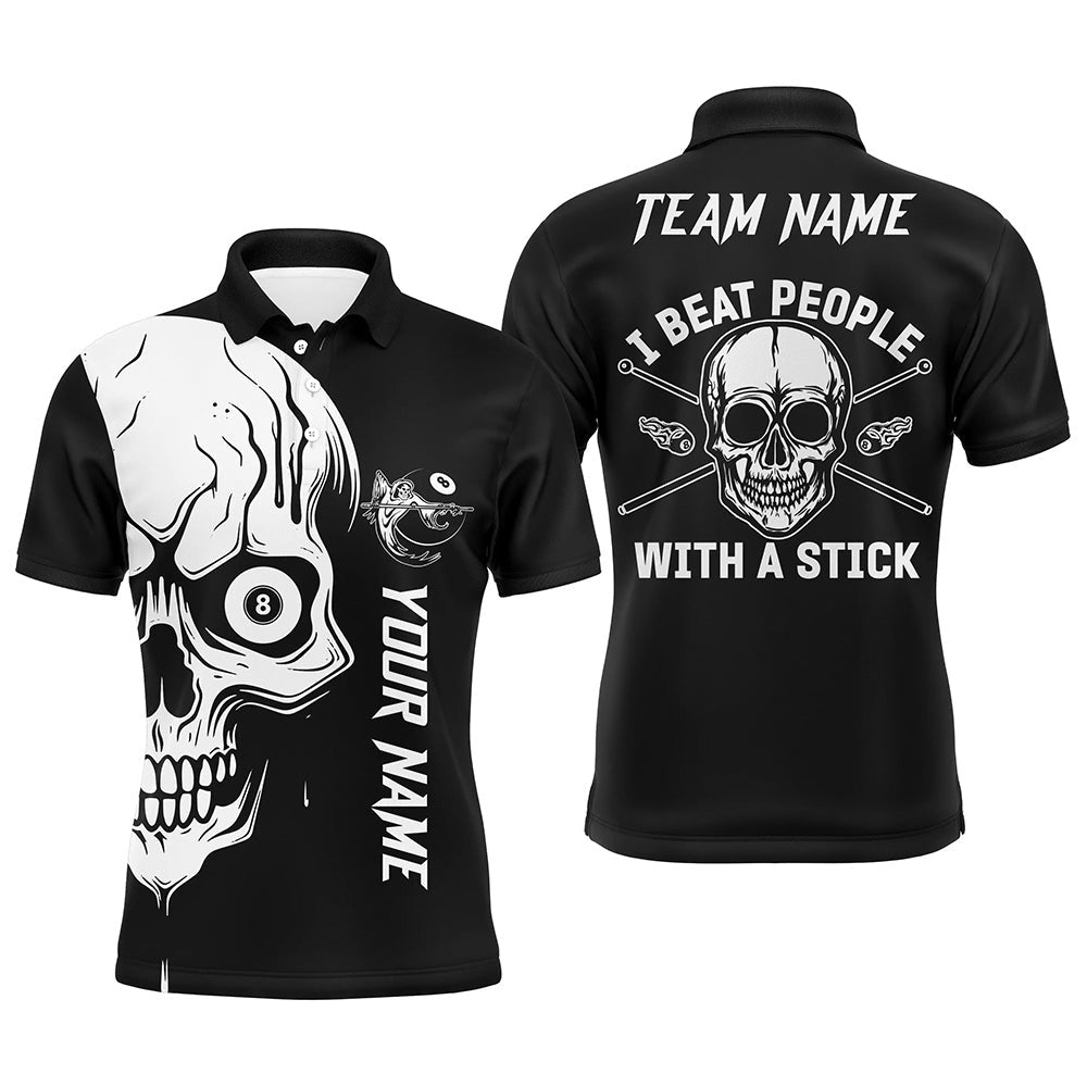 Billiard Polo Shirts, Custom White Skull Billiard I Beat People With A Stick Personalized Name Polo Shirts, Billiards Team Shirts