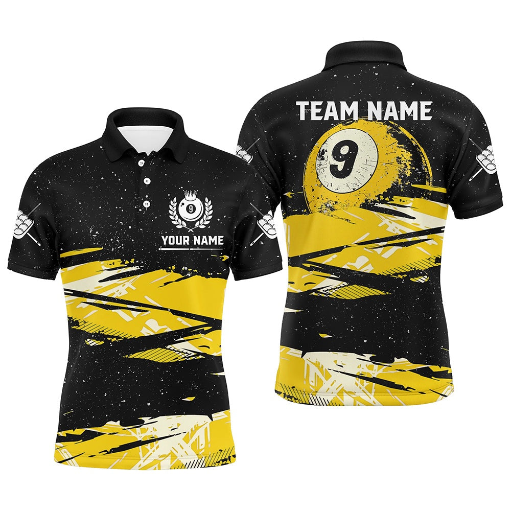 Billiard Polo Shirts, Custom Yellow Grunge Billiard 9 Ball Pool Polo Polo Shirts, 9 Ball Billiard Jerseys, Billiards Team Shirts