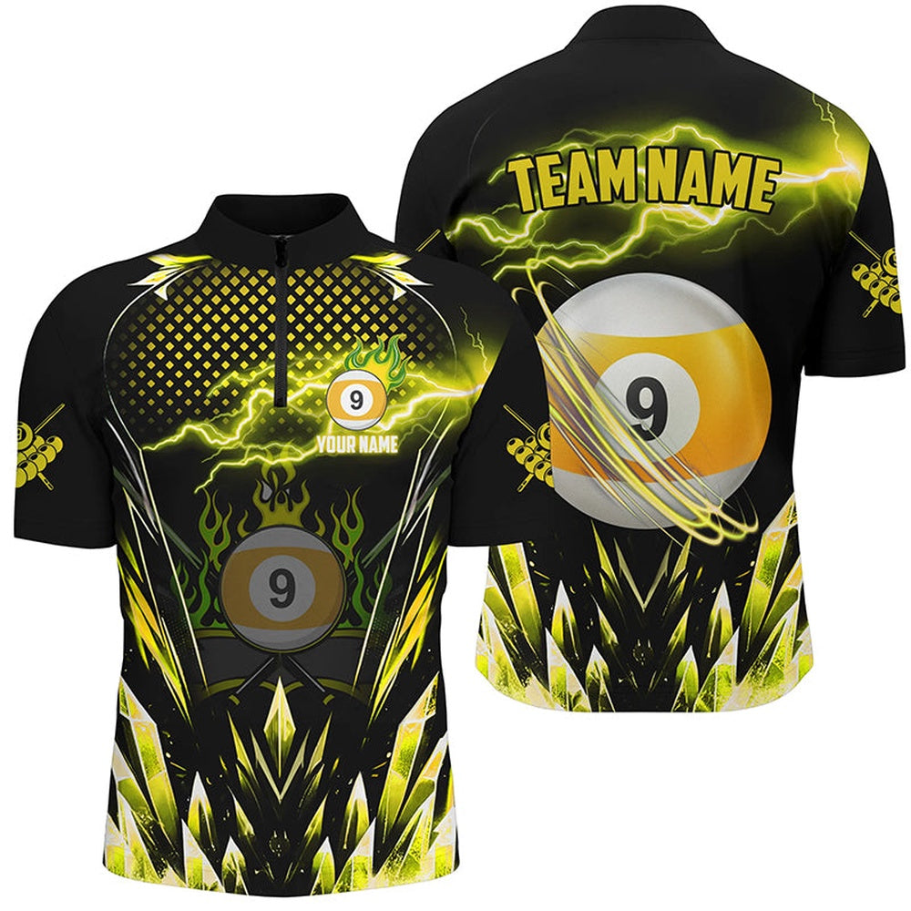 Billiard Polo Shirts, Custom Yellow Icy Lightning 9 Ball Pool Polo Shirt, Billiard Team League Jersey, Billiards Team Shirts