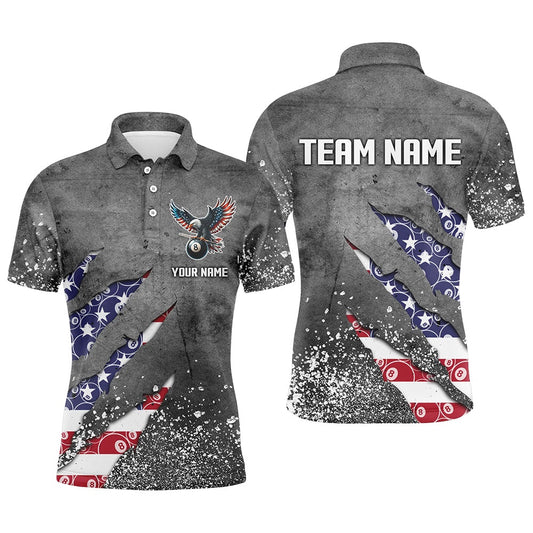 Billiard Polo Shirts, Customized Ball 8 US Flag Grey Grunge Billiard Polo Shirts Best Billiard Team Jersey, Billiards Team Shirts