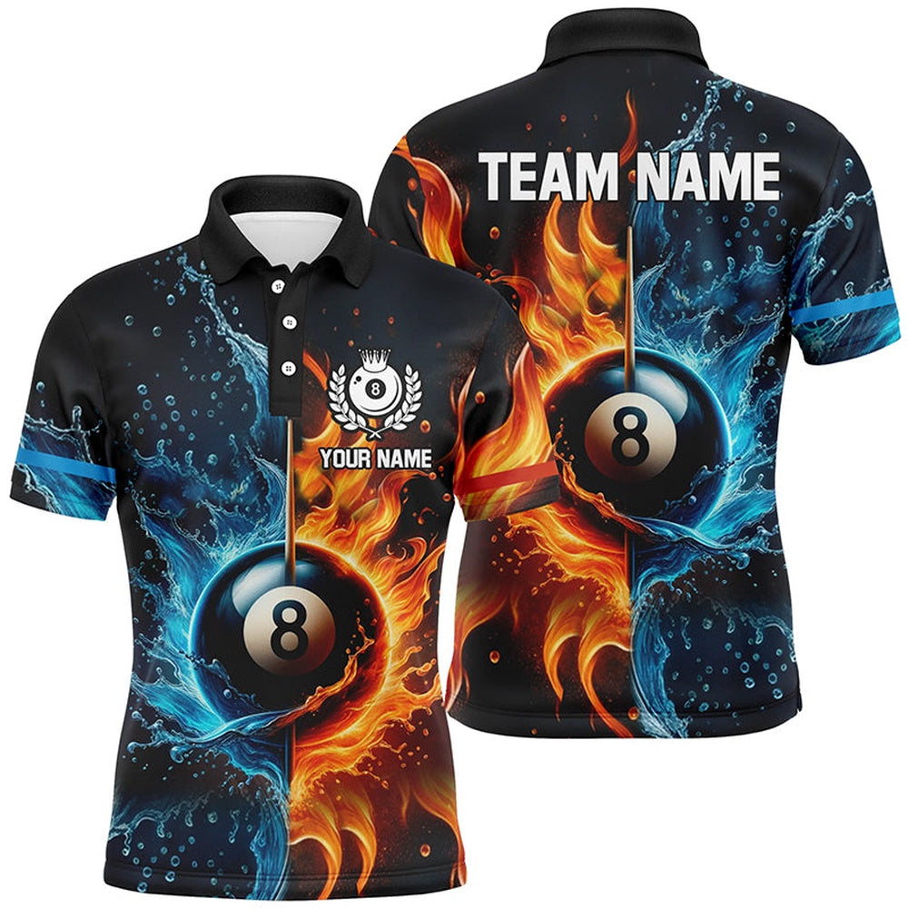 Billiard Polo Shirts, Customized Billiard Water And Fire 3D Printed Polo Shirts, 8 Ball Pool Billiard Attire For Team, Billiards Team Shirts