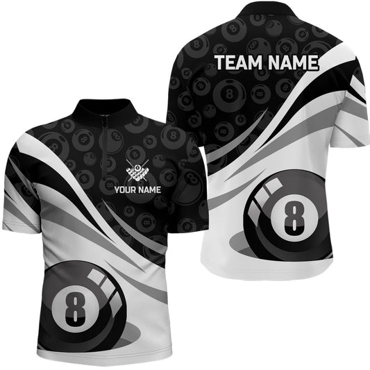 Billiard Polo Shirts, Customized Black White 8 Ball Pool Billiard Jerseys Polo Shirt Billiard Uniform, Billiards Team Shirts