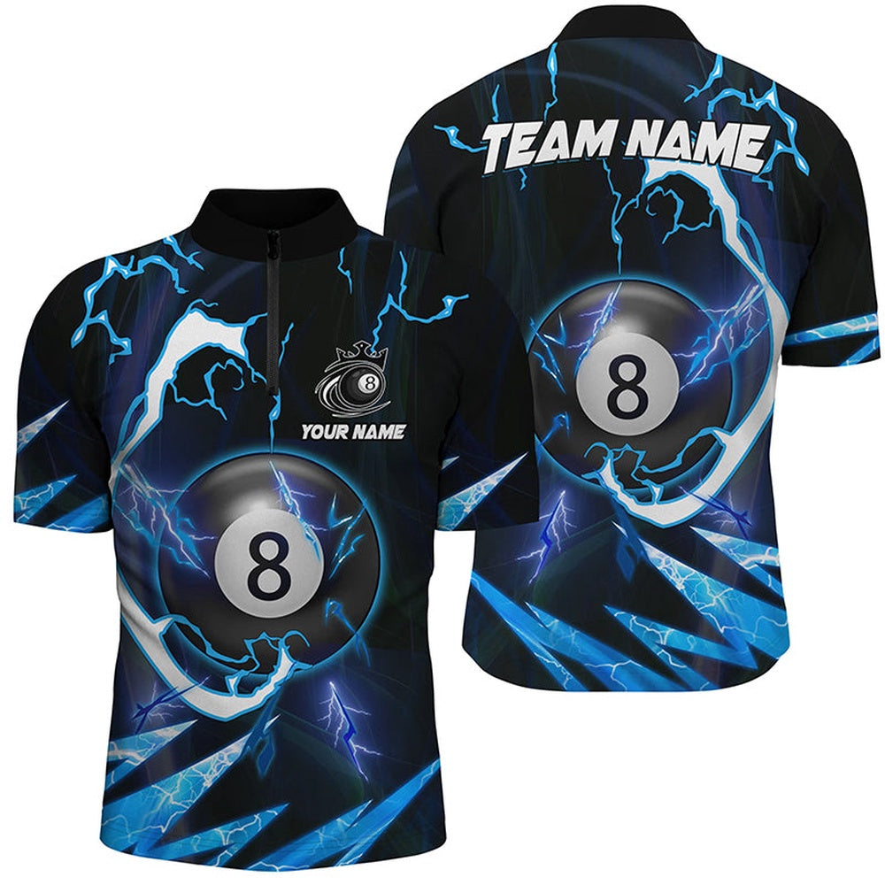 Billiard Polo Shirts, Customized Blue 8 Ball Pool Thunder Lighting Polo Shirt, 8 Ball Billiard Shirts, Billiards Team Shirts