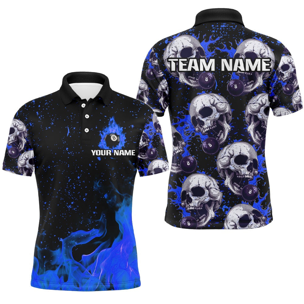 Billiard Polo Shirts, Customized Blue Billiard Skull Fire 8 Ball Polo & Polo Shirts, Grunge Pool Team Jerseys, Billiards Team Shirts