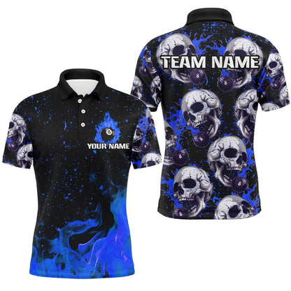 Billiard Polo Shirts, Customized Blue Billiard Skull Fire 8 Ball Polo & Polo Shirts, Grunge Pool Team Jerseys, Billiards Team Shirts