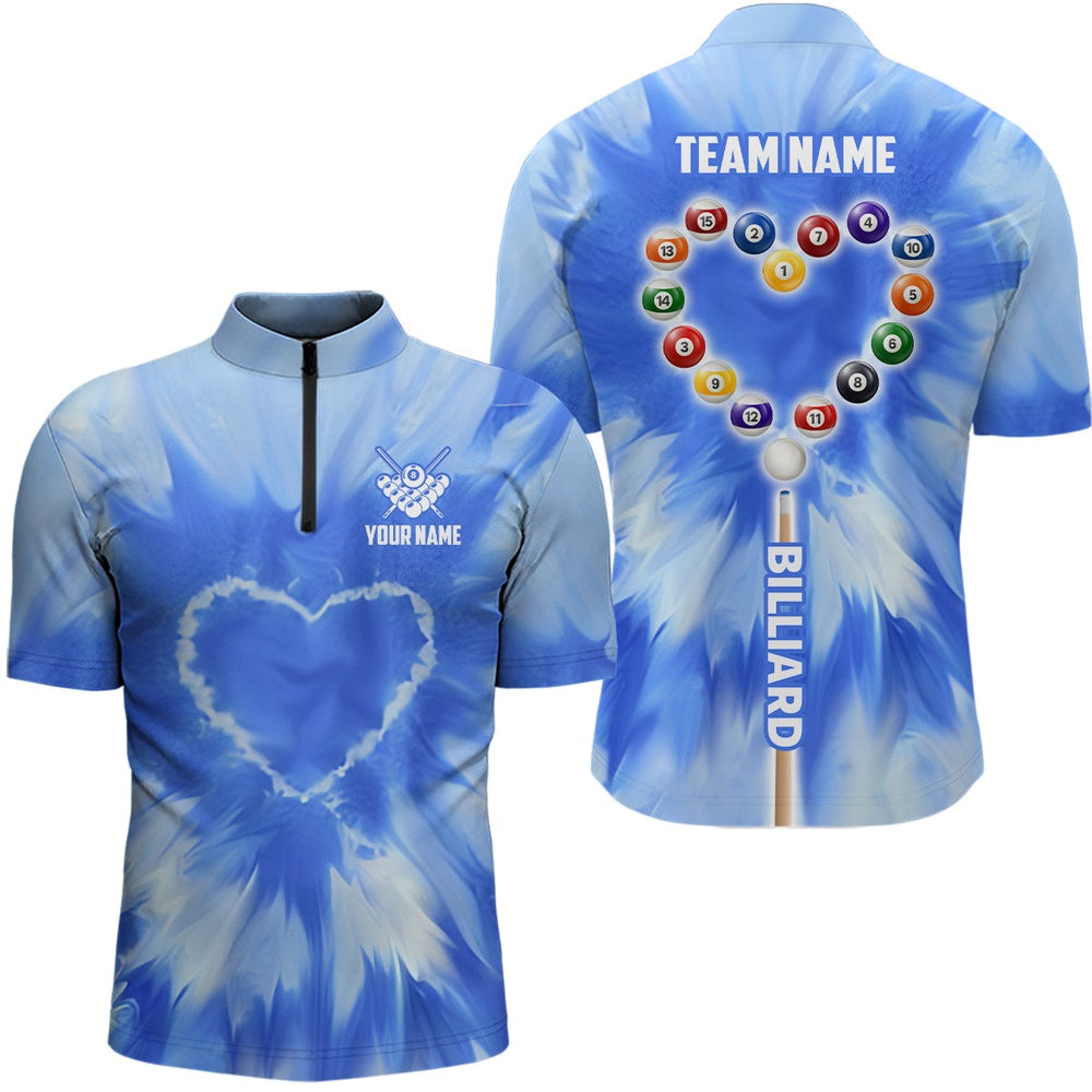 Billiard Polo Shirts, Customized Blue Tie Dye Heart Billiard Polo Shirts, Unique Billiard Shirt Gifts, Billiards Team Shirts