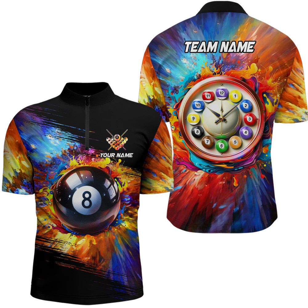 Billiard Polo Shirts, Customized Colorful Billiard Clock Polo Shirts, Funny 8 Ball Pool Shirts Design, Billiards Team Shirts