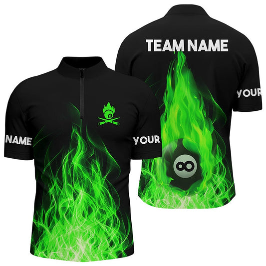 Billiard Polo Shirts, Customized Green Flaming Billiard 3D Polo Shirts Custom Billiard 8 Ball Shirts, Billiards Team Shirts