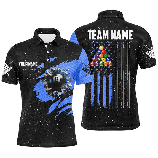 Billiard Polo Shirts, Customized Grunge American Flag 8 Ball Pool Billiard Polo Shirts, Pool Player Shirts Blue, Billiards Team Shirts
