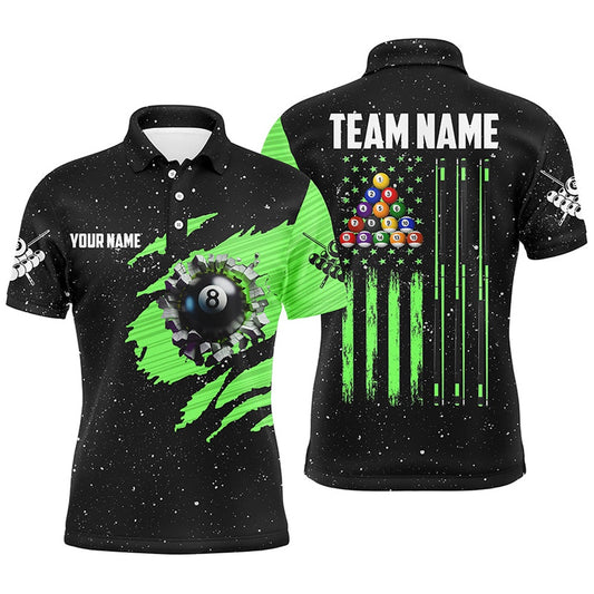 Billiard Polo Shirts, Customized Grunge American Flag 8 Ball Pool Billiard Polo Shirts, Pool Player Shirts Green, Billiards Team Shirts