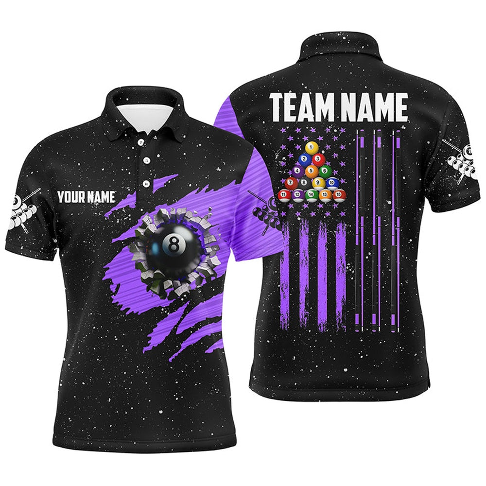 Billiard Polo Shirts, Customized Grunge American Flag 8 Ball Pool Billiard Polo Shirts, Pool Player Shirts Purple, Billiards Team Shirts