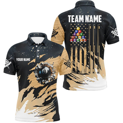 Billiard Polo Shirts, Customized Grunge American Flag 8 Ball Pool Billiard Shirts, Patriotic Pool Player Shirts, Billiards Team Shirts