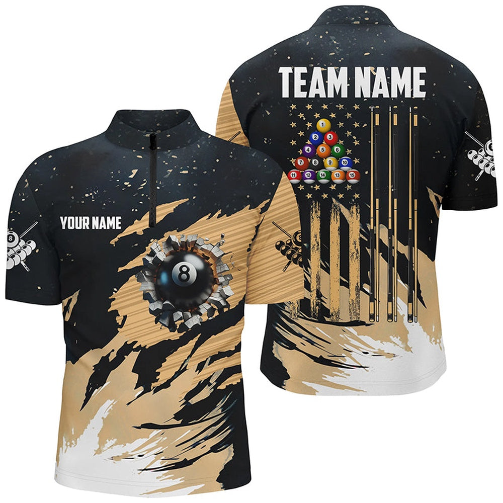 Billiard Polo Shirts, Customized Grunge American Flag 8 Ball Pool Billiard Shirts, Patriotic Pool Player Shirts, Billiards Team Shirts