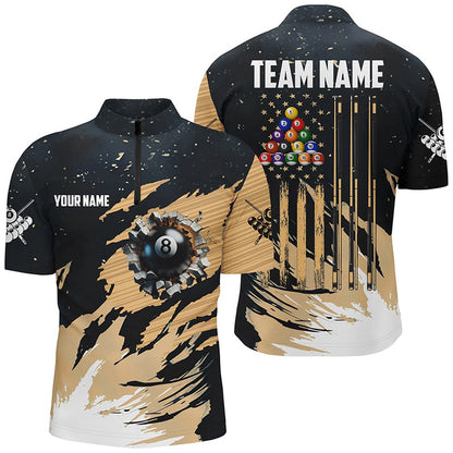 Billiard Polo Shirts, Customized Grunge American Flag 8 Ball Pool Billiard Shirts, Patriotic Pool Player Shirts, Billiards Team Shirts