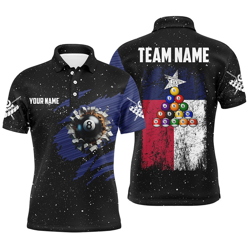 Billiard Polo Shirts, Customized Grunge Texas Flag 8 Ball Pool Billiard Jersey Shirts, Patriotic Pool Player Shirts, Billiards Team Shirts